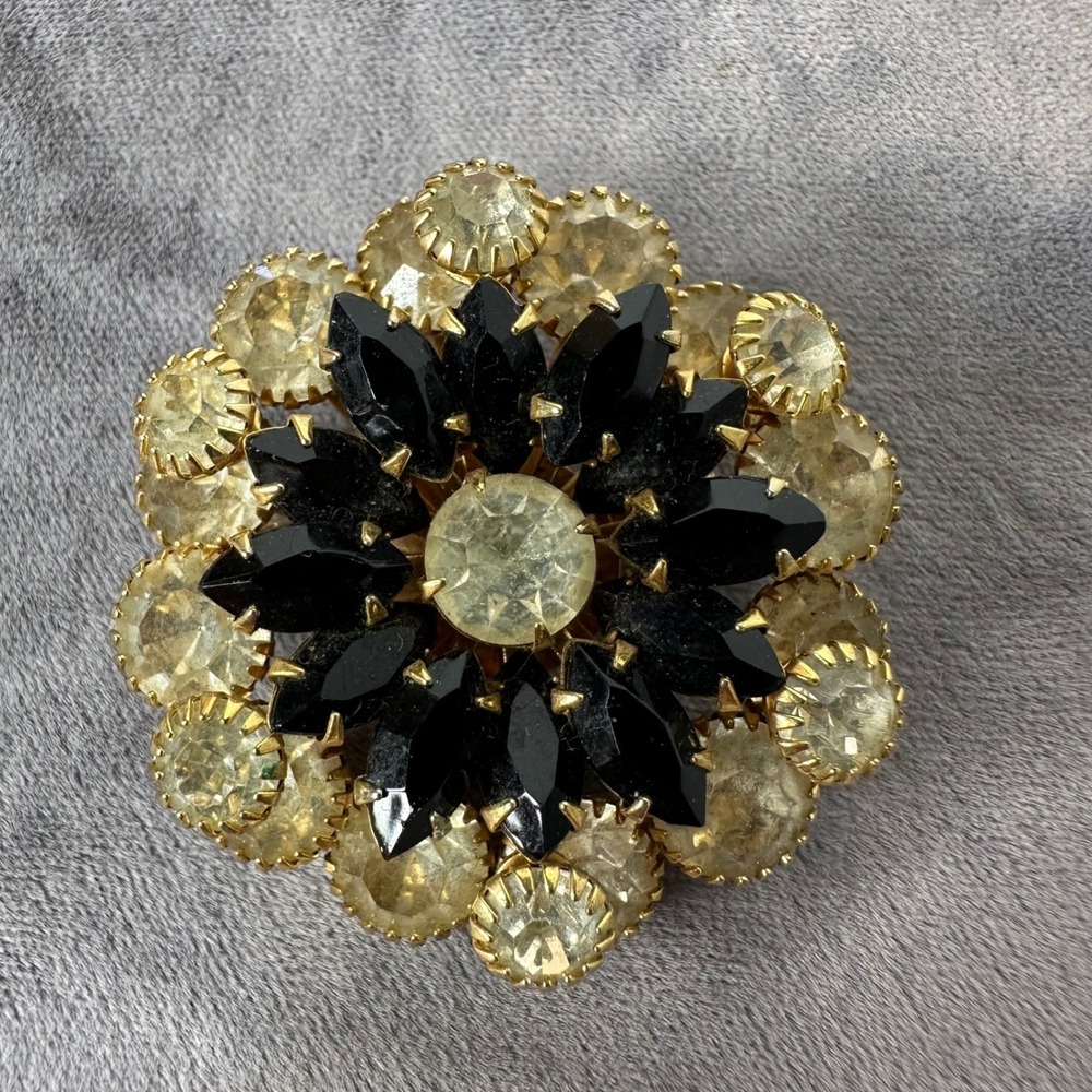 Vintage‎ Gold Tone Rhinestone Brooch Layered Pin Round Marquis Prong